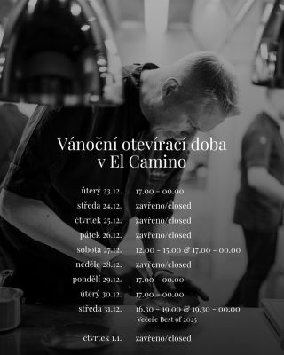 🎄 Vánoční otevírací doba v El Camino 🎄 Před plánováním svátečních setkání u našeho stolu prosím mrkněte na vánoční...